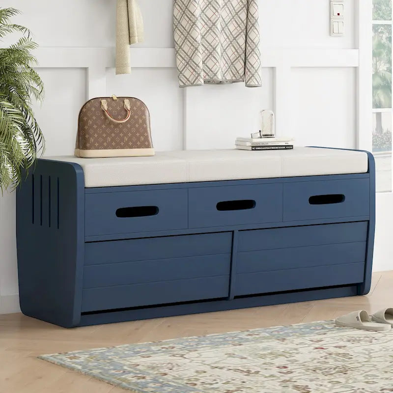 Panca Contenitore con 2 Cassetti – Espresso / Legno Naturale / Bianco / Blu Scuro, 2 Posti