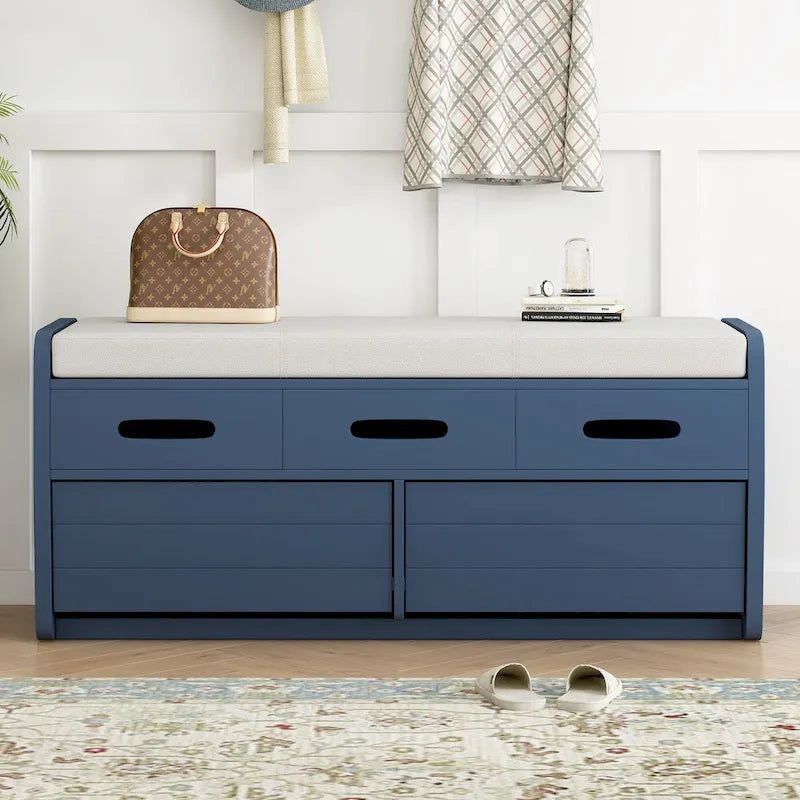 Panca Contenitore con 2 Cassetti – Espresso / Legno Naturale / Bianco / Blu Scuro, 2 Posti