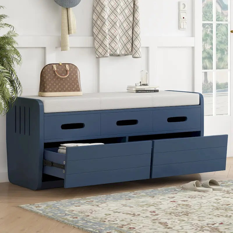 Panca Contenitore con 2 Cassetti – Espresso / Legno Naturale / Bianco / Blu Scuro, 2 Posti