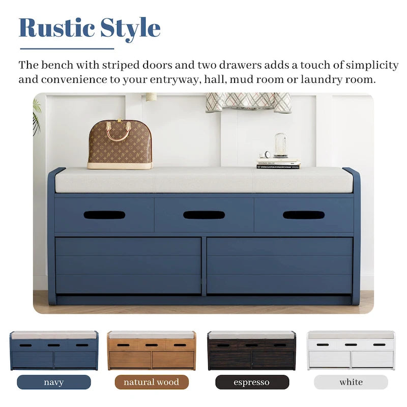 Panca Contenitore con 2 Cassetti – Espresso / Legno Naturale / Bianco / Blu Scuro, 2 Posti