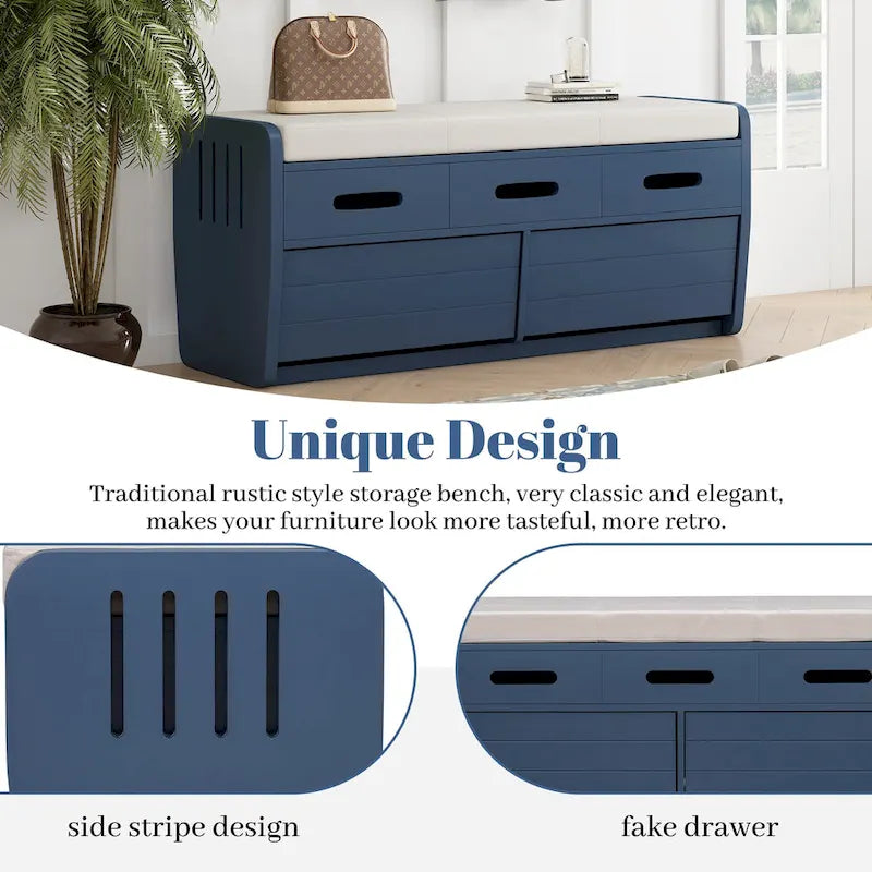 Panca Contenitore con 2 Cassetti – Espresso / Legno Naturale / Bianco / Blu Scuro, 2 Posti