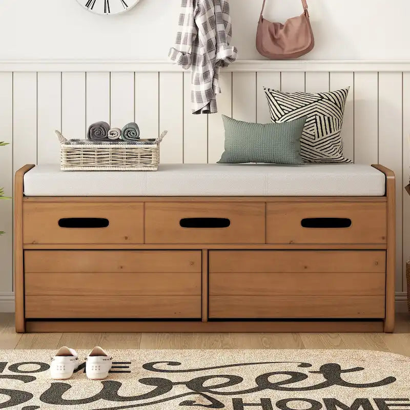 Panca Contenitore con 2 Cassetti – Espresso / Legno Naturale / Bianco / Blu Scuro, 2 Posti