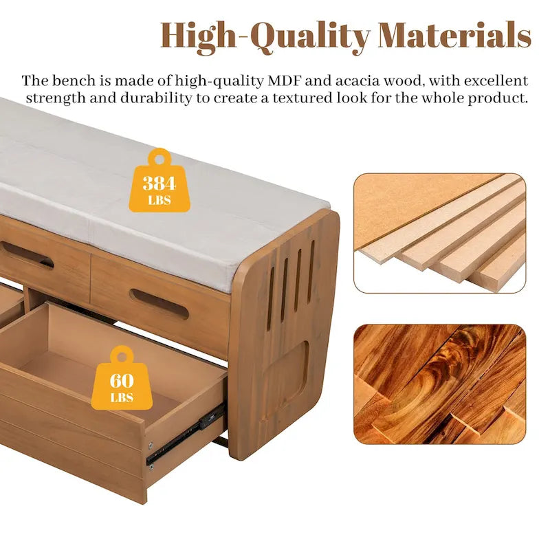 Panca Contenitore con 2 Cassetti – Espresso / Legno Naturale / Bianco / Blu Scuro, 2 Posti