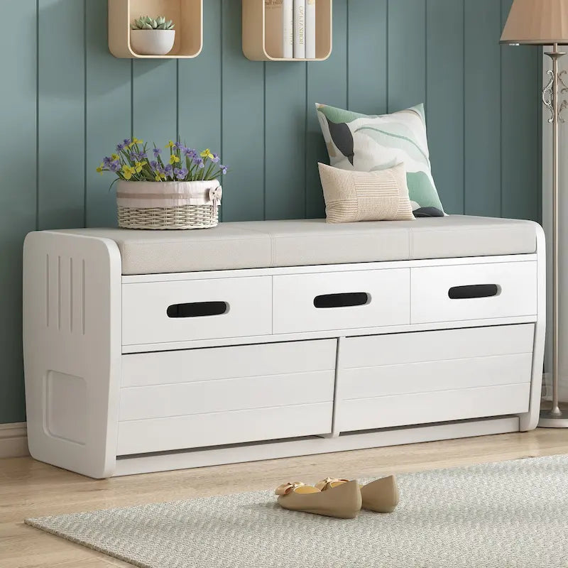 Panca Contenitore con 2 Cassetti – Espresso / Legno Naturale / Bianco / Blu Scuro, 2 Posti