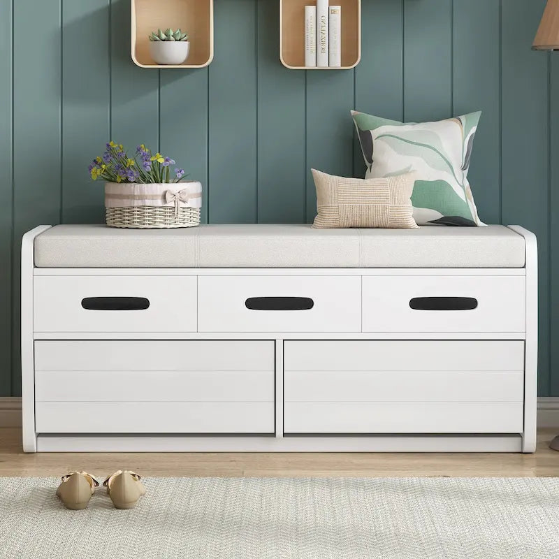 Panca Contenitore con 2 Cassetti – Espresso / Legno Naturale / Bianco / Blu Scuro, 2 Posti