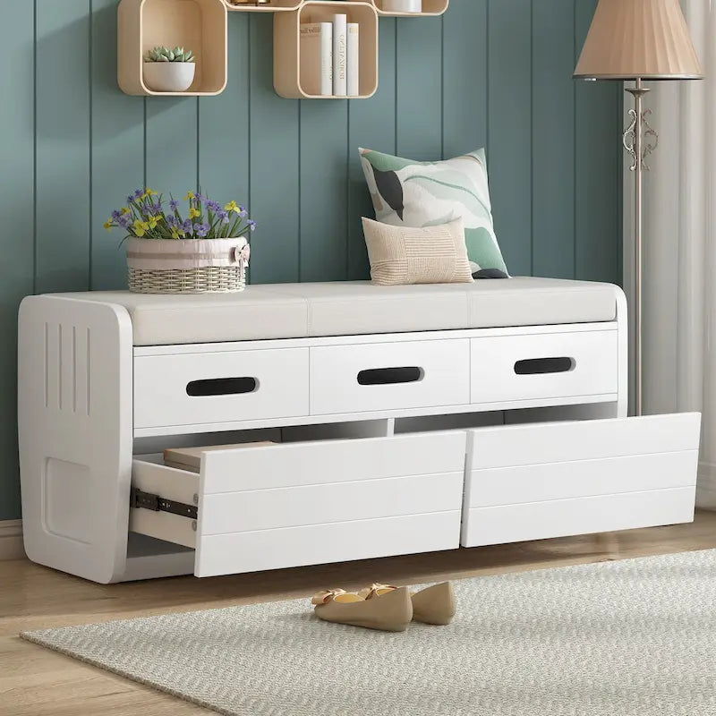 Panca Contenitore con 2 Cassetti – Espresso / Legno Naturale / Bianco / Blu Scuro, 2 Posti
