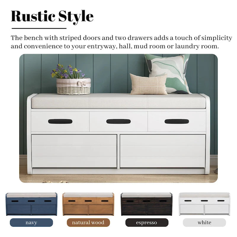 Panca Contenitore con 2 Cassetti – Espresso / Legno Naturale / Bianco / Blu Scuro, 2 Posti