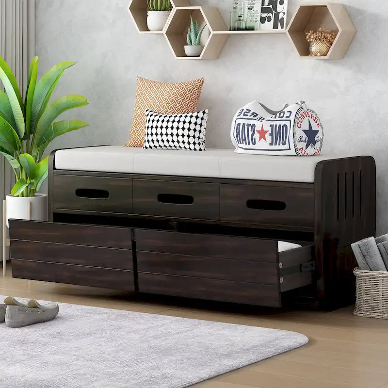 Panca Contenitore con 2 Cassetti – Espresso / Legno Naturale / Bianco / Blu Scuro, 2 Posti
