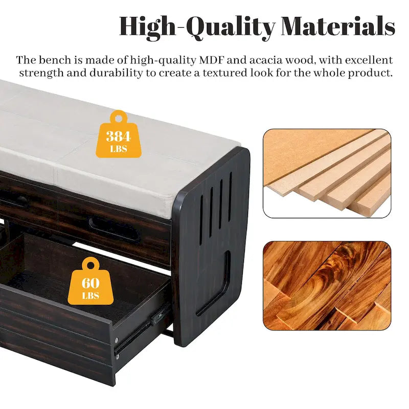 Panca Contenitore con 2 Cassetti – Espresso / Legno Naturale / Bianco / Blu Scuro, 2 Posti