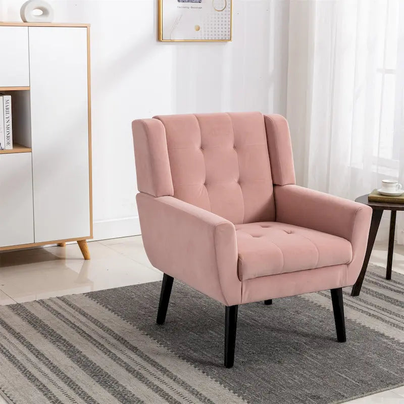 Poltrona d'accento trapuntata in velluto rosa con gambe in legno, 1 posto