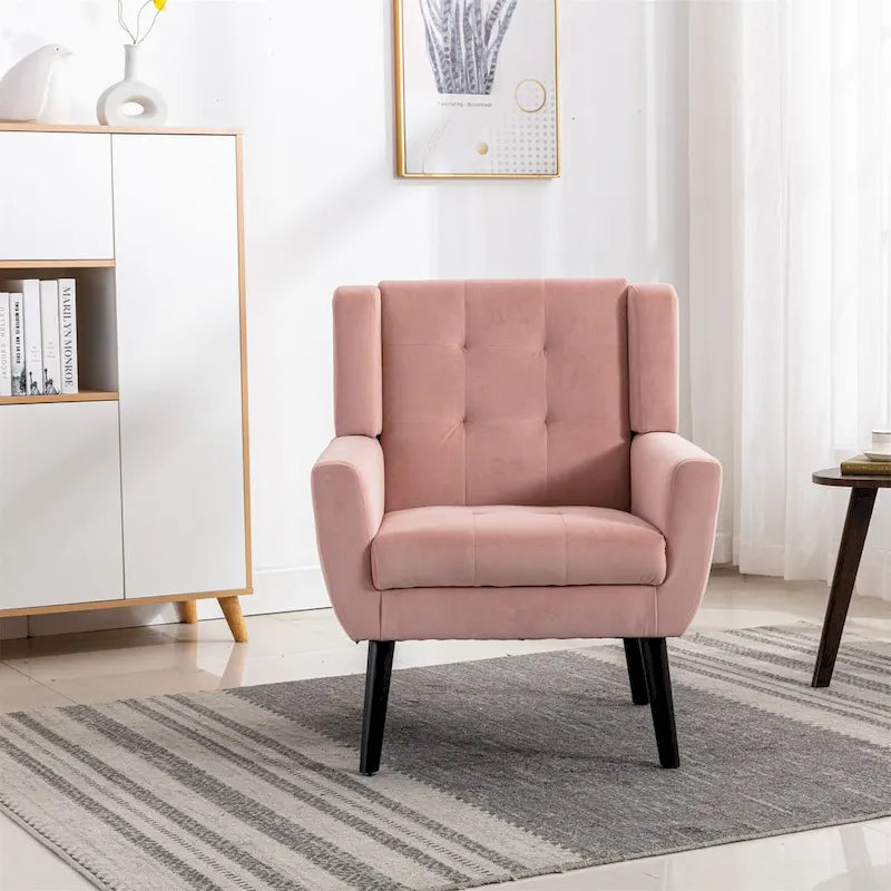 Poltrona d'accento trapuntata in velluto rosa con gambe in legno, 1 posto