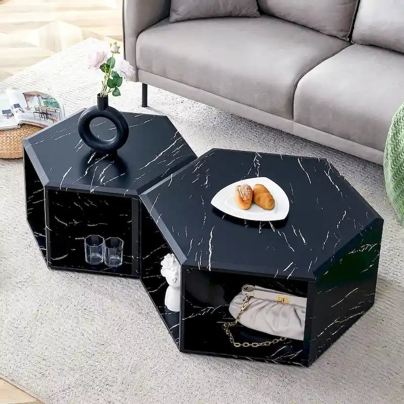 Set di 2 tavolini esagonali da caffè in legno, bianco e nero