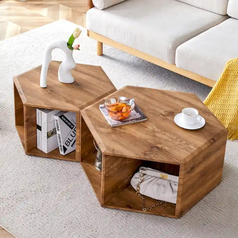 Set di 2 tavolini esagonali da caffè in legno, bianco e nero