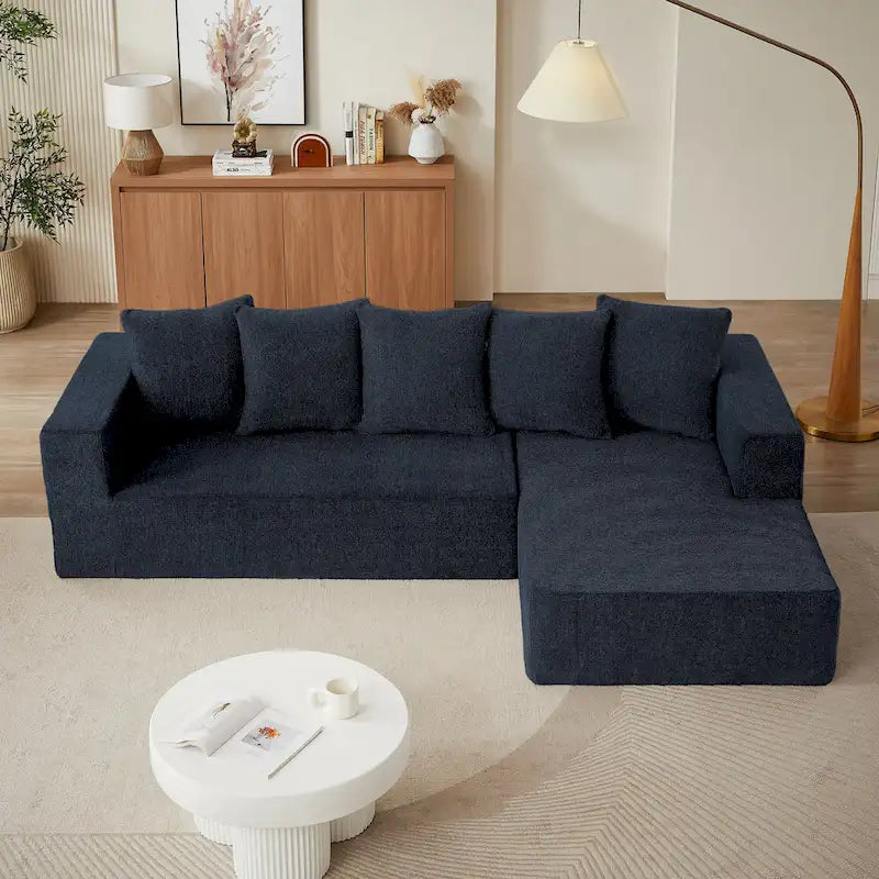 Divano sezionale modulare a L in ciniglia blu, 2 posti, 2 pezzi
