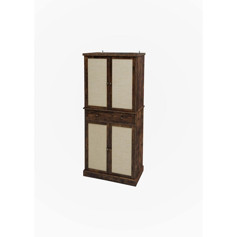 Mobile Contenitore Naturale a 4 Ante e 1 Cassetto, Stile Rattan, Montaggio da una Persona
