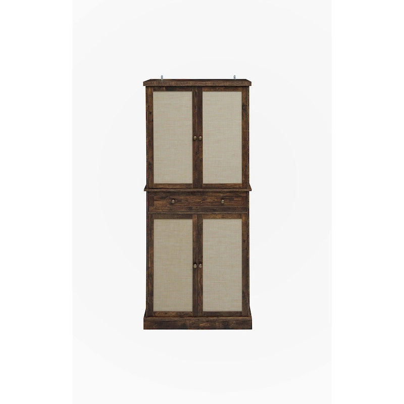 Mobile Contenitore Naturale a 4 Ante e 1 Cassetto, Stile Rattan, Montaggio da una Persona