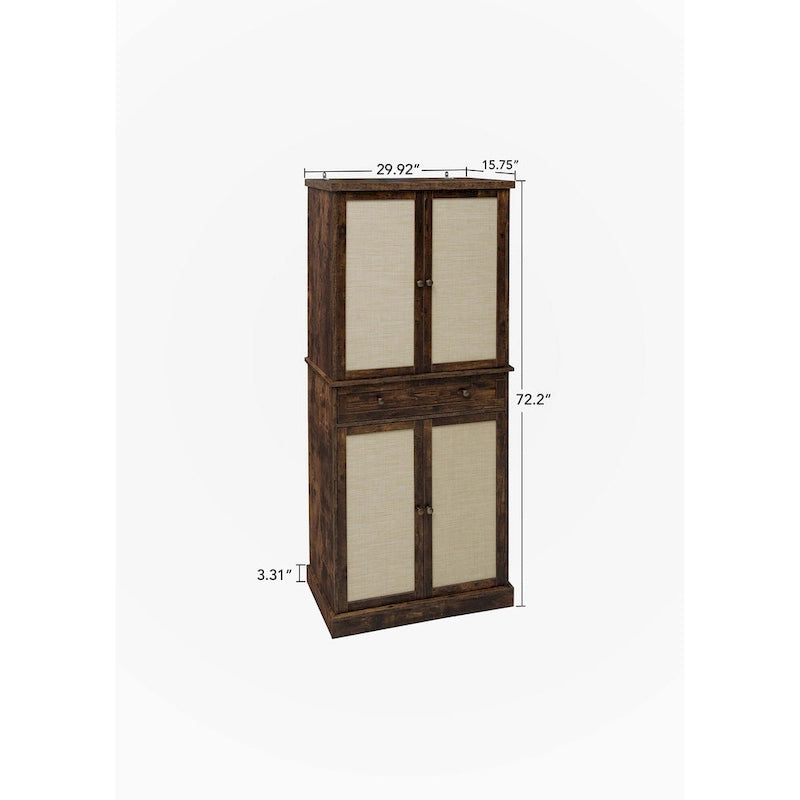 Mobile Contenitore Naturale a 4 Ante e 1 Cassetto, Stile Rattan, Montaggio da una Persona