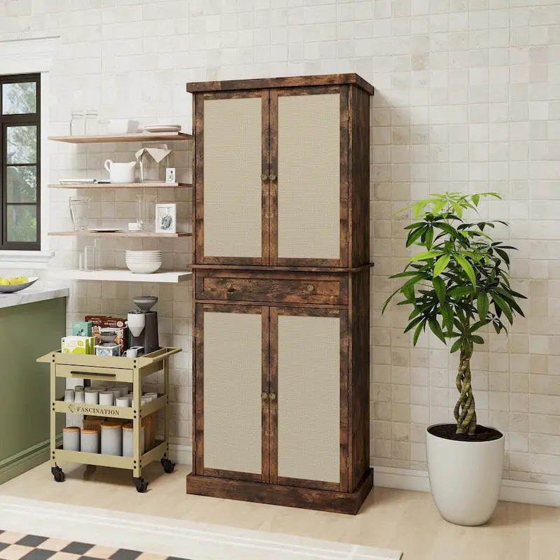 Mobile Contenitore Naturale a 4 Ante e 1 Cassetto, Stile Rattan, Montaggio da una Persona