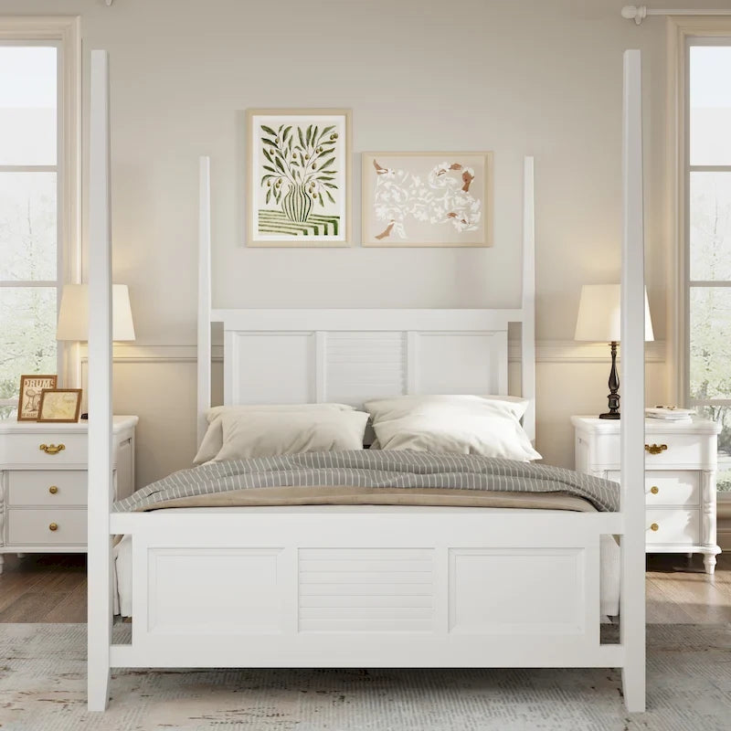 Letto a baldacchino matrimoniale Queen, bianco/espresso, stile classico, 2 posti letto