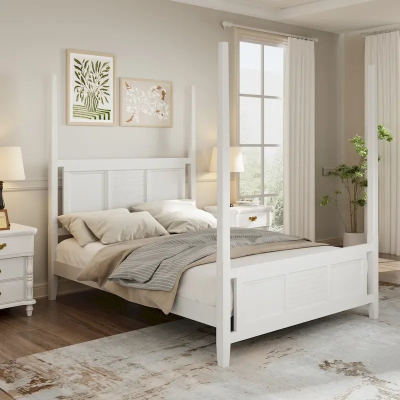 Letto a baldacchino matrimoniale Queen, bianco/espresso, stile classico, 2 posti letto