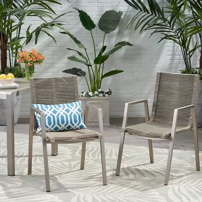 Sedia da pranzo in corda intrecciata grigio scuro/tortora, set da 2, struttura in alluminio