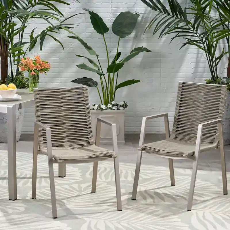 Sedia da pranzo in corda intrecciata grigio scuro/tortora, set da 2, struttura in alluminio