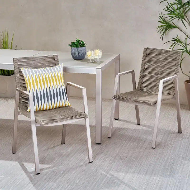 Sedia da pranzo in corda intrecciata grigio scuro/tortora, set da 2, struttura in alluminio