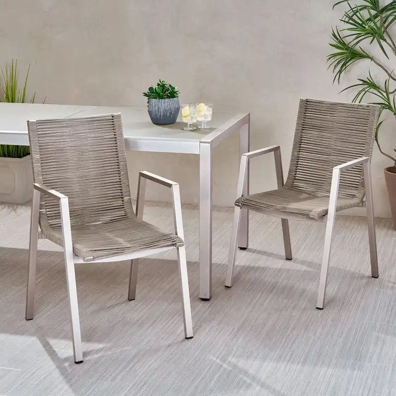 Sedia da pranzo in corda intrecciata grigio scuro/tortora, set da 2, struttura in alluminio