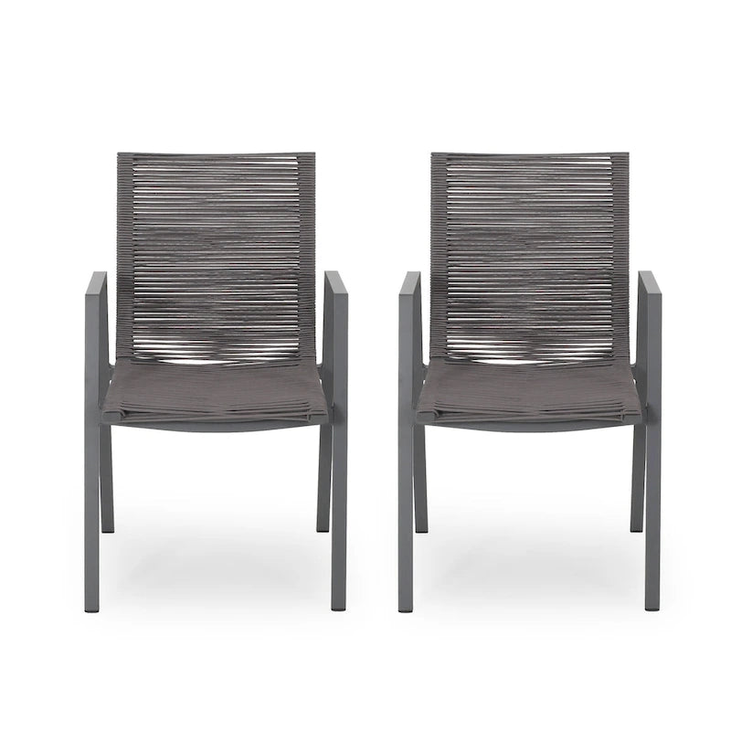 Sedia da pranzo in corda intrecciata grigio scuro/tortora, set da 2, struttura in alluminio