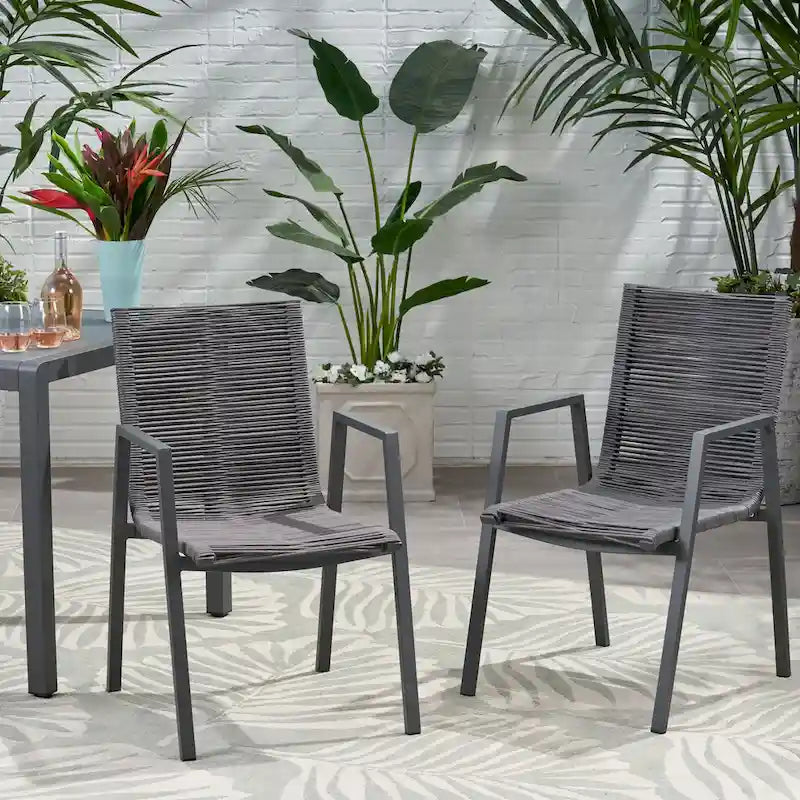 Sedia da pranzo in corda intrecciata grigio scuro/tortora, set da 2, struttura in alluminio