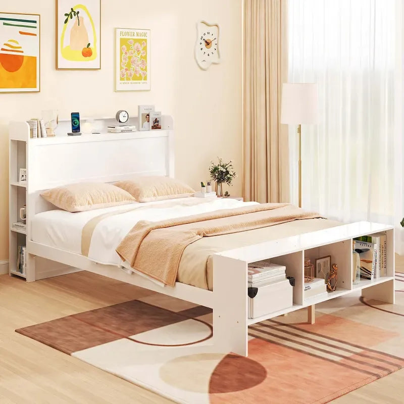 Letto a piattaforma a LED bianco con testiera e pediera portaoggetti – Piazza e Mezza, 1 Persona