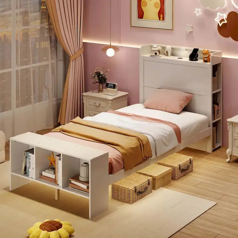 Letto a piattaforma a LED bianco con testiera e pediera portaoggetti – Piazza e Mezza, 1 Persona