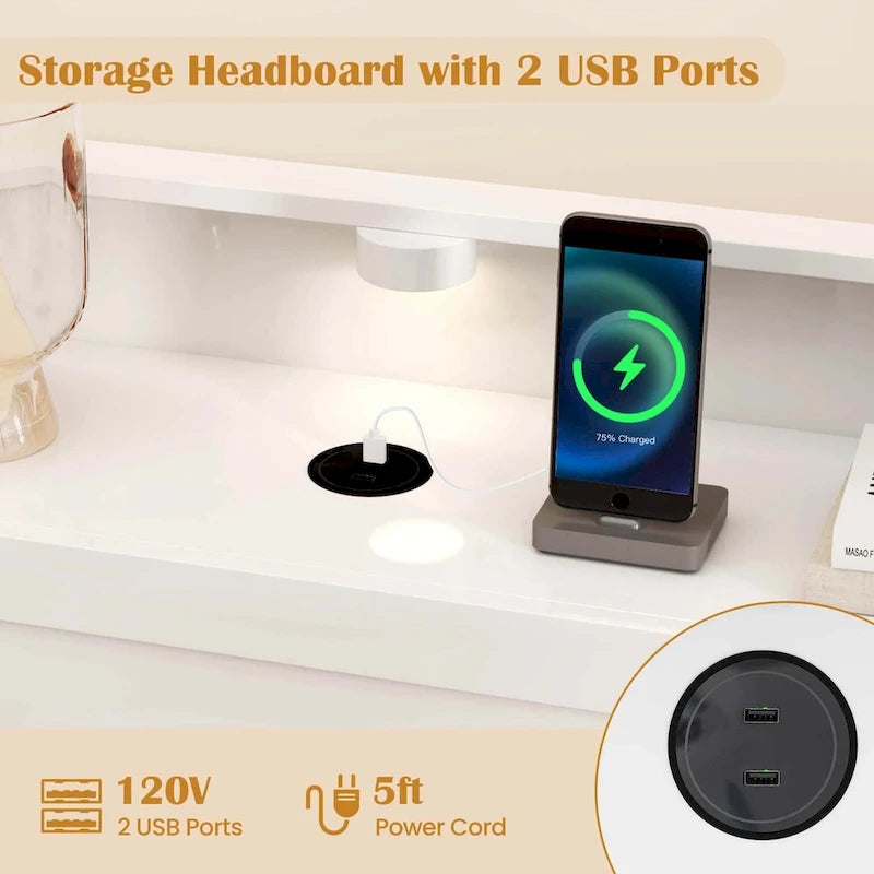 Letto a piattaforma a LED bianco con testiera e pediera portaoggetti – Piazza e Mezza, 1 Persona