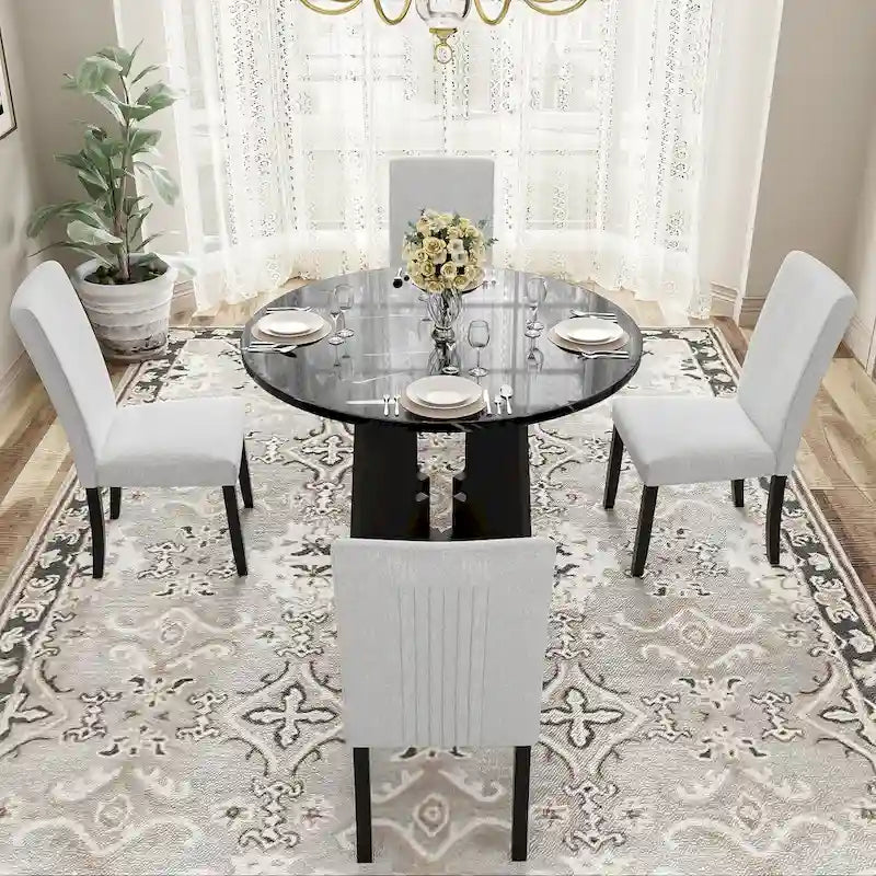 Set da tavolo da pranzo rotondo grigio e nero/beige e nero, 5 pezzi, 4 posti