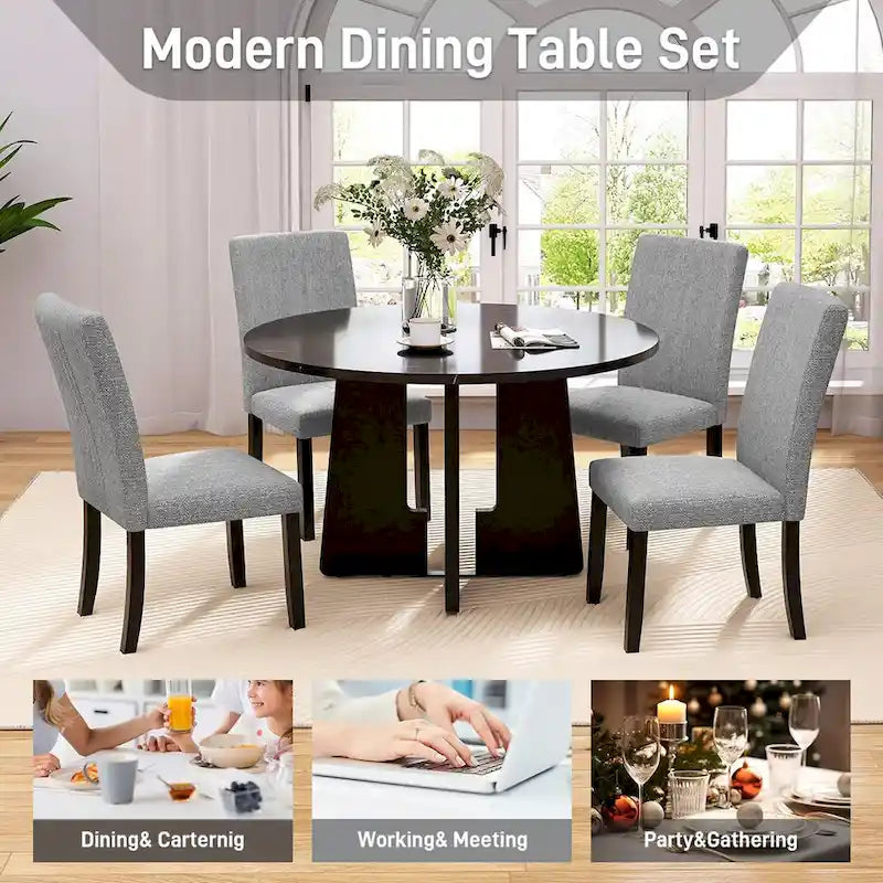 Set da tavolo da pranzo rotondo grigio e nero/beige e nero, 5 pezzi, 4 posti