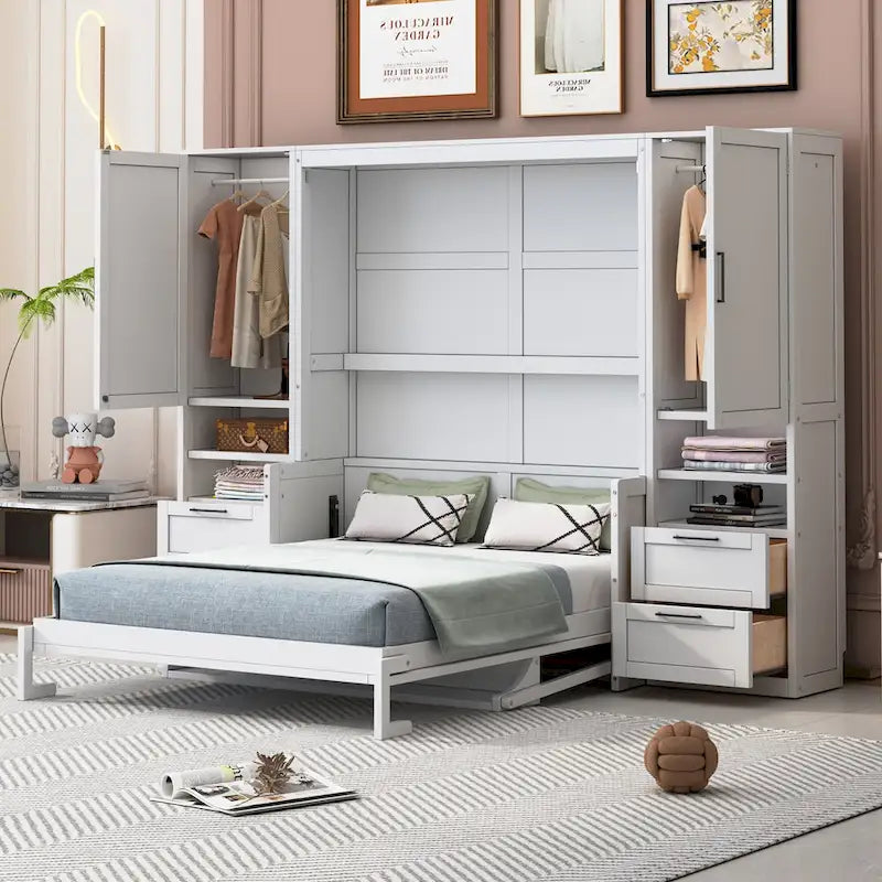 Letto a scomparsa matrimoniale Grey Queen con armadio laterale e cassetti – 1 persona