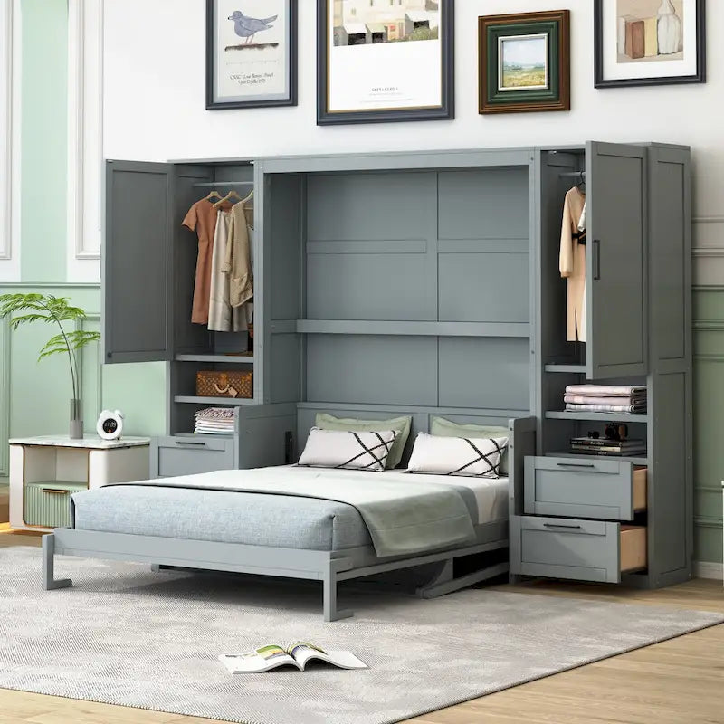 Letto a scomparsa matrimoniale Grey Queen con armadio laterale e cassetti – 1 persona