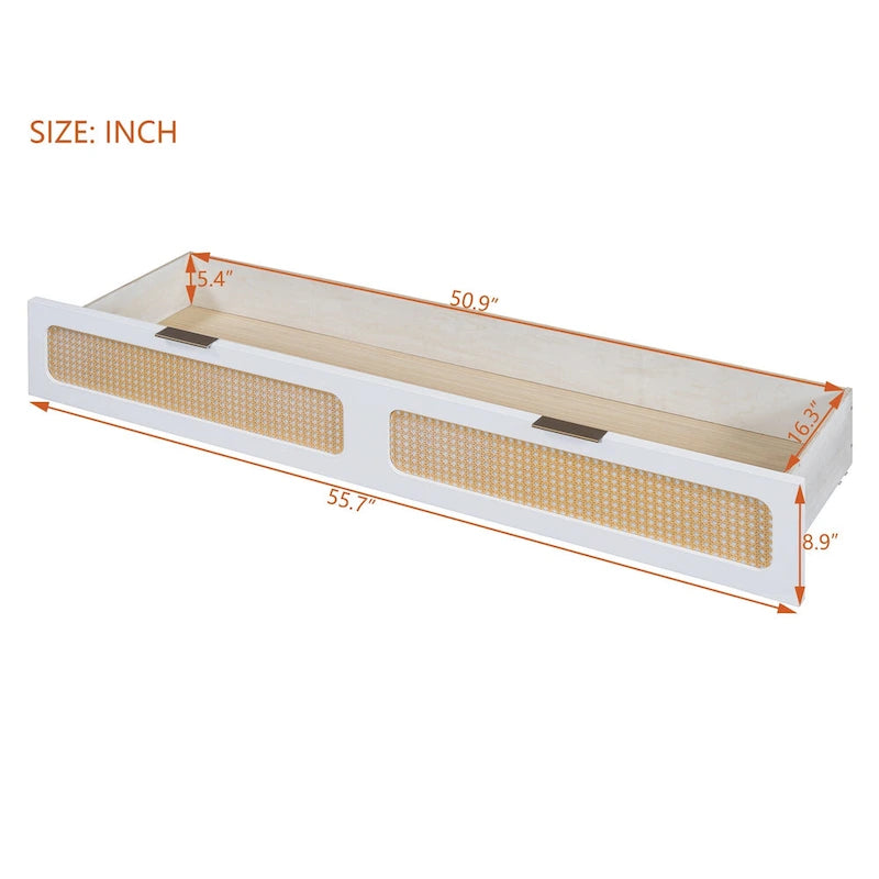 Letto a Scomparsa Rattan-Style Bianco/Espresso con Cassetti Contenitori e Porte USB – Matrimoniale/Queen, 1–2 Posti Letto