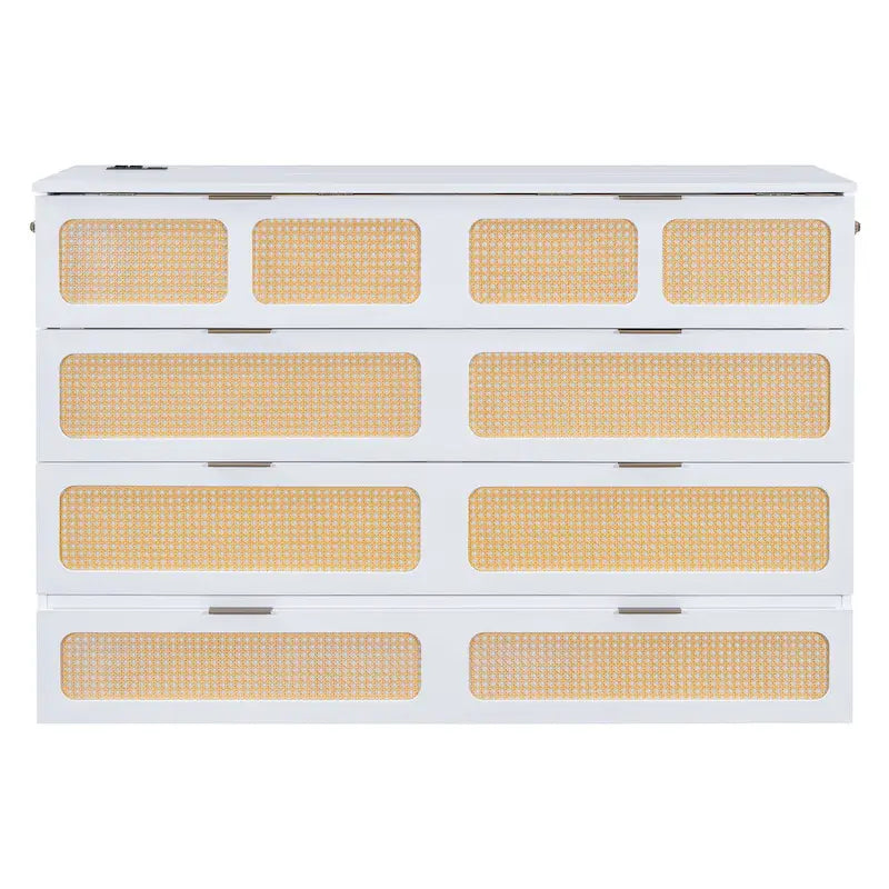 Letto a Scomparsa Rattan-Style Bianco/Espresso con Cassetti Contenitori e Porte USB – Matrimoniale/Queen, 1–2 Posti Letto