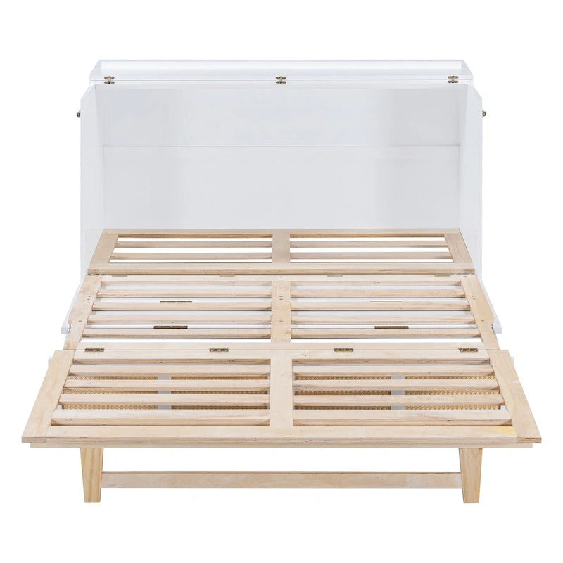 Letto a Scomparsa Rattan-Style Bianco/Espresso con Cassetti Contenitori e Porte USB – Matrimoniale/Queen, 1–2 Posti Letto