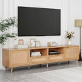 Mobile TV in Stile Rattan Color Legno da 198 cm con Ante e Ripiani, Adatto per TV Fino a 85"