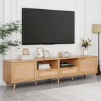 Mobile TV in Stile Rattan Color Legno da 198 cm con Ante e Ripiani, Adatto per TV Fino a 85"