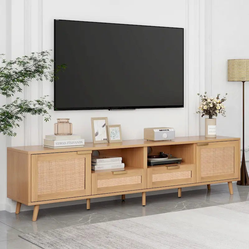 Mobile TV in Stile Rattan Color Legno da 198 cm con Ante e Ripiani, Adatto per TV Fino a 85"