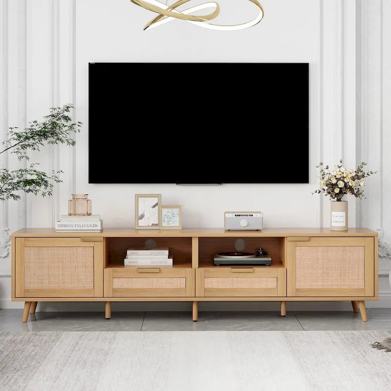 Mobile TV in Stile Rattan Color Legno da 198 cm con Ante e Ripiani, Adatto per TV Fino a 85"