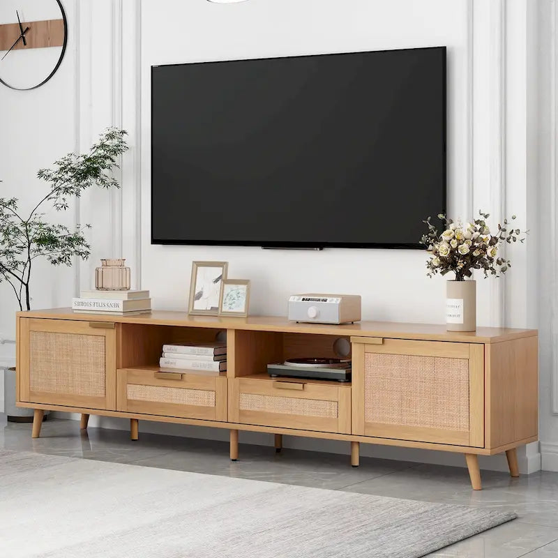 Mobile TV in Stile Rattan Color Legno da 198 cm con Ante e Ripiani, Adatto per TV Fino a 85"
