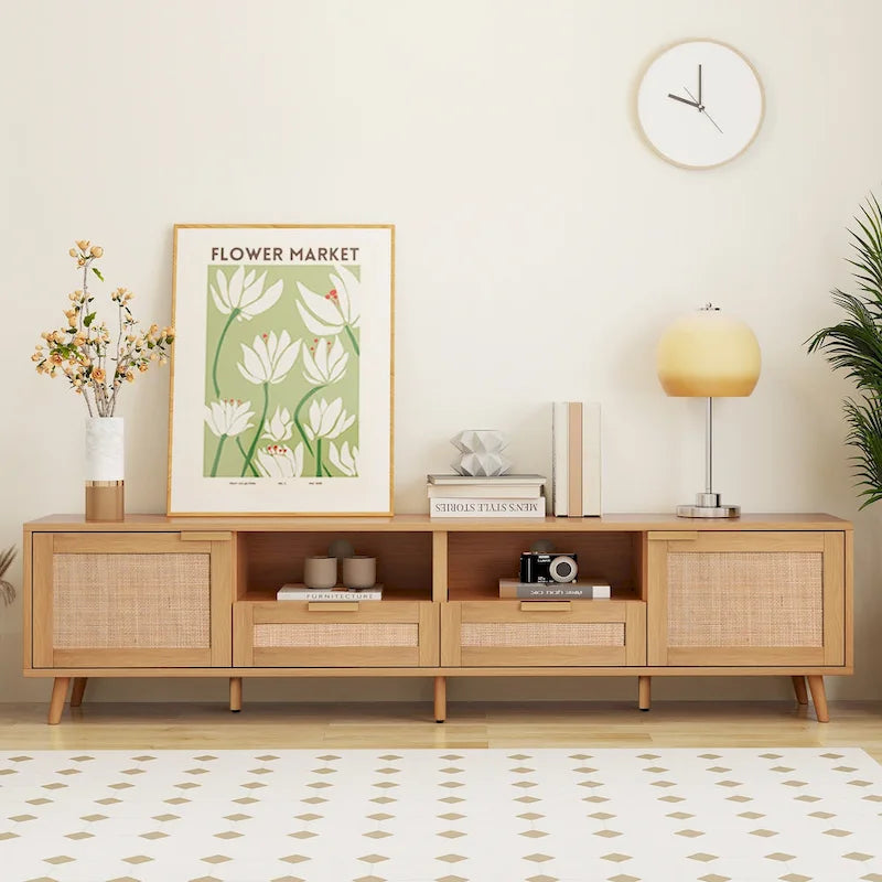 Mobile TV in Stile Rattan Color Legno da 198 cm con Ante e Ripiani, Adatto per TV Fino a 85"