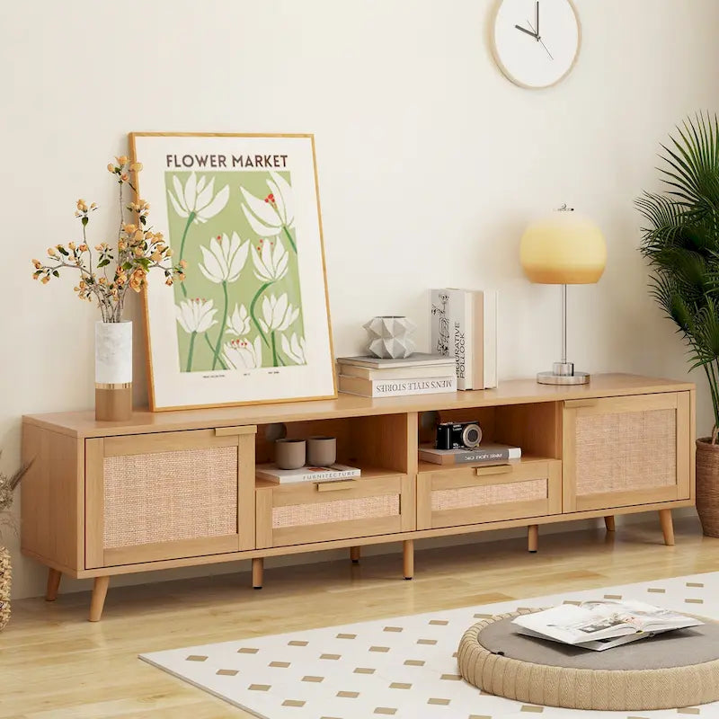 Mobile TV in Stile Rattan Color Legno da 198 cm con Ante e Ripiani, Adatto per TV Fino a 85"