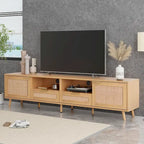 Mobile TV in Stile Rattan Color Legno da 198 cm con Ante e Ripiani, Adatto per TV Fino a 85"
