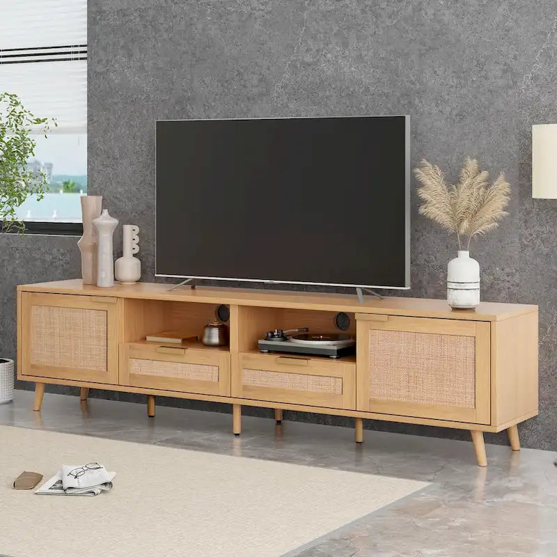 Mobile TV in Stile Rattan Color Legno da 198 cm con Ante e Ripiani, Adatto per TV Fino a 85"