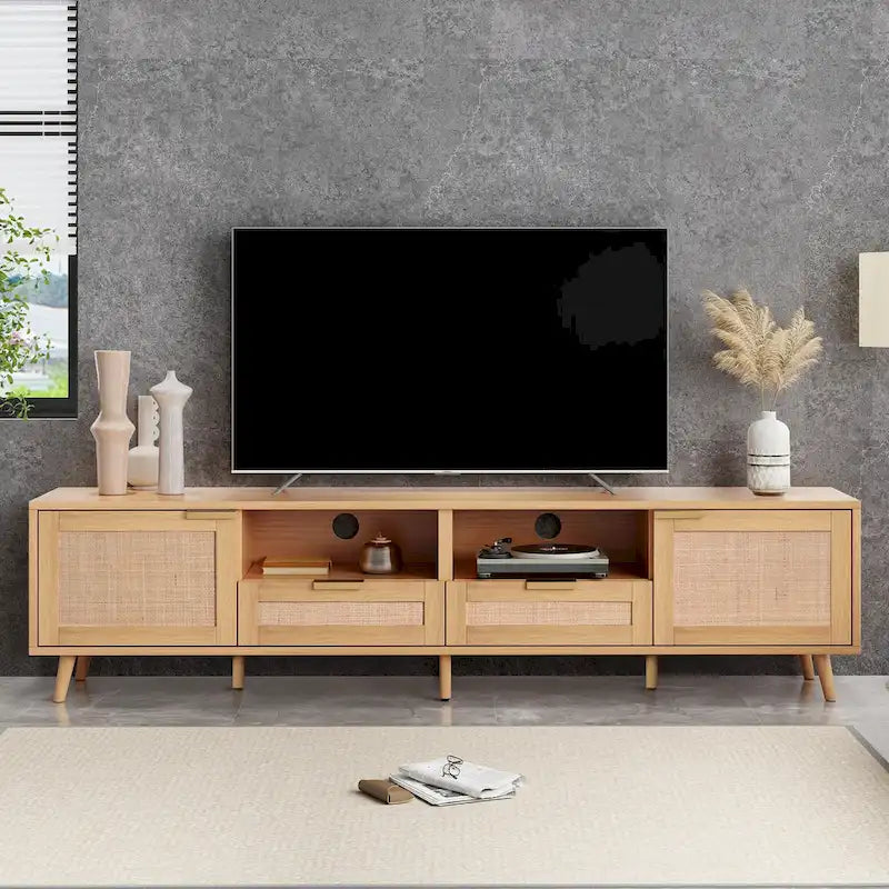 Mobile TV in Stile Rattan Color Legno da 198 cm con Ante e Ripiani, Adatto per TV Fino a 85"